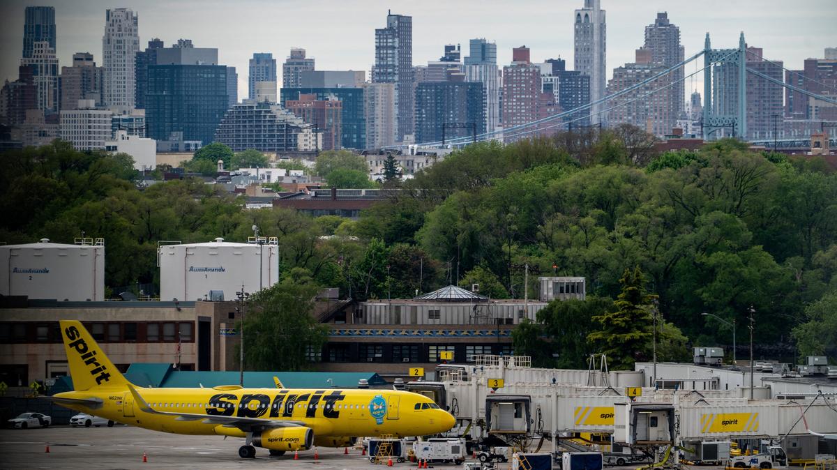 A Spirit Airline plane sits on the tarmac at LaGuardia Airport in Queens, in New York City, U.S., May 2, 2026. REUTERS/David 'Dee' Delgado