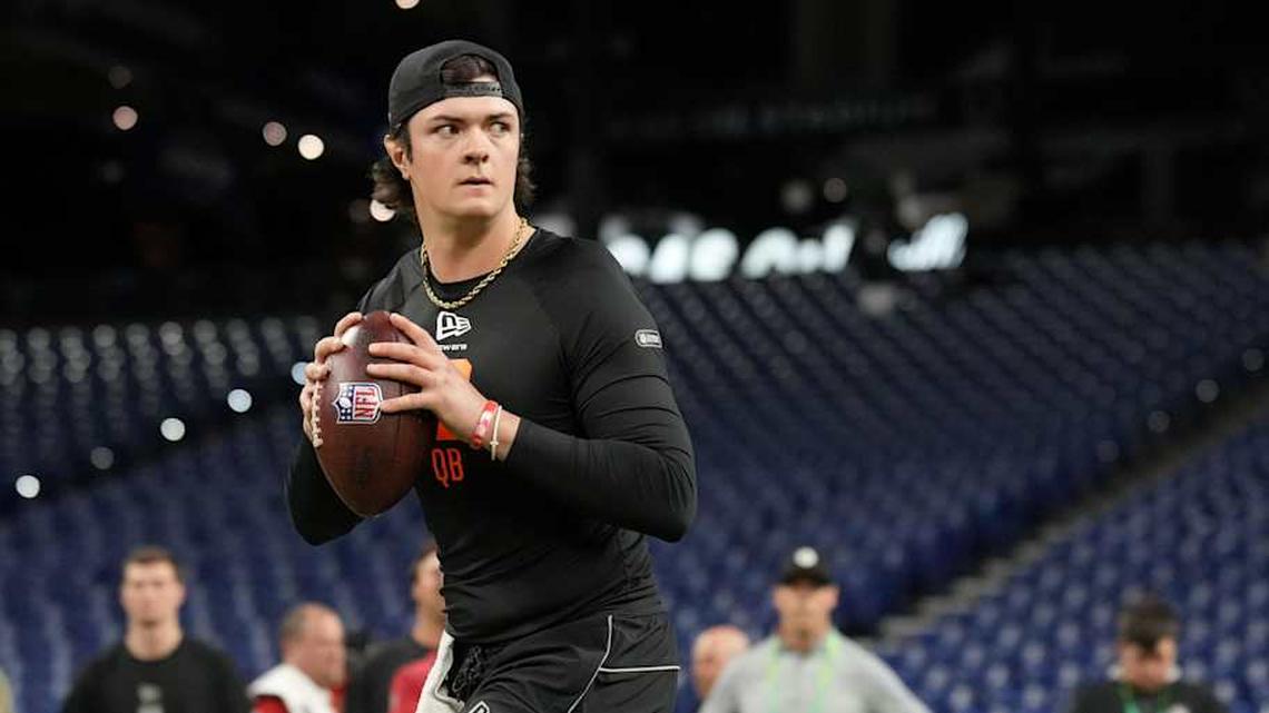  Feb 28, 2026; Indianapolis, IN, USA; Texas Tech quarterback Behren Morton (QB12) during the NFL Scouting Combine at Lucas Oil Stadium. Mandatory Credit: Kirby Lee-Imagn Images | Kirby Lee-Imagn Images 