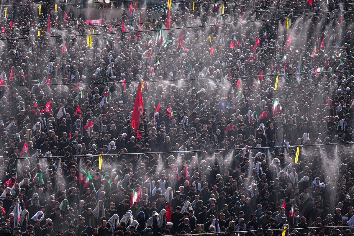 Mourners attend a prayer during a public farewell ceremony to pay their respects to late Supreme Leader Ayatollah Ali Khamenei, who was killed on February 28 in Israeli and U.S. airstrikes, at the Imam Khomeini Grand Mosalla, in Tehran, Iran, July 5, 2026. Office of the Iranian Supreme Leader/WANA (West Asia News Agency) via REUTERS