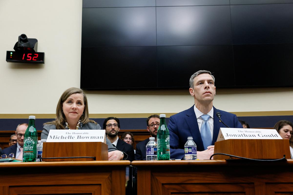 U.S. Federal Reserve Vice Chair for Supervision Michelle Bowman and Comptroller of the Currency Jonathan Gould attend a House Financial Services Committee hearing on oversight of prudential regulators, in Washington, D.C., U.S., June 4, 2026.  REUTERS/Kylie Cooper