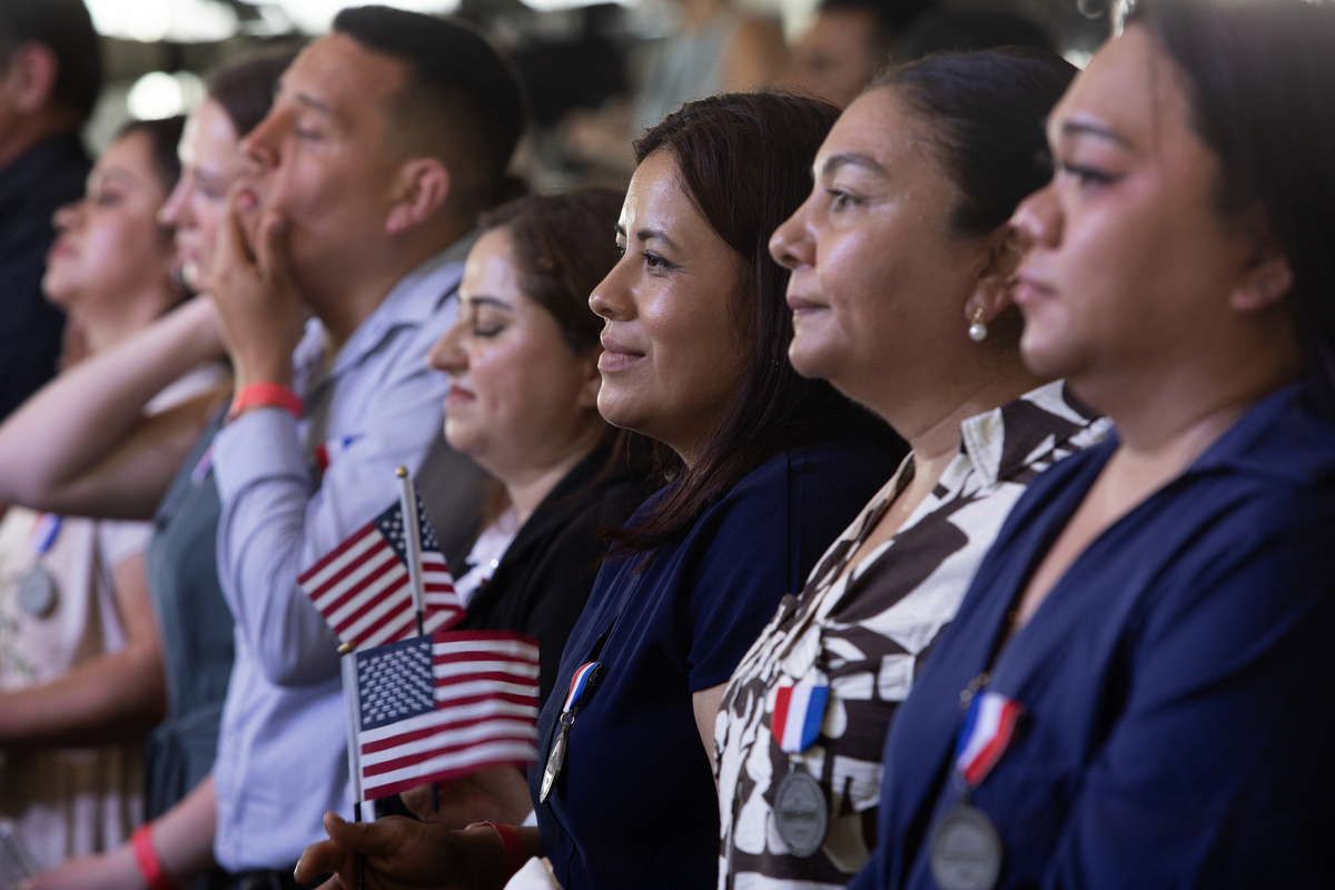 People attend a naturalization ceremony at Monticello in Charlottesville, Va., on July 4. 2026. America celebrates the 250th anniversary of its independence today, with people from one end of the country to the other marking the milestone with fireworks, parades and concerts. (Kirsten Luce/The New York Times)