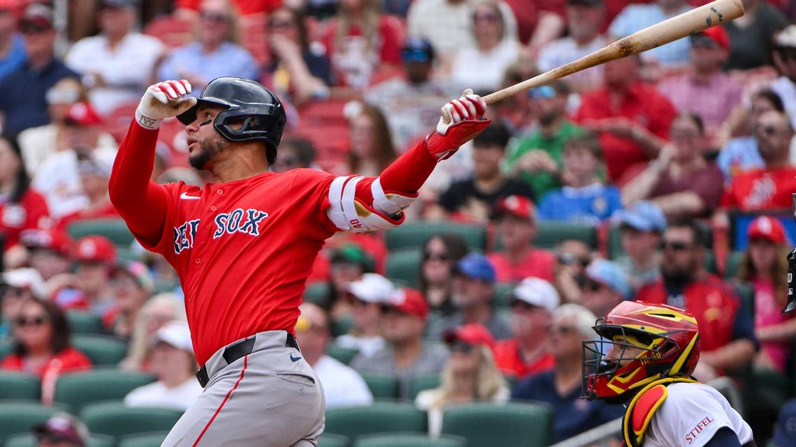  Apr 12, 2026; St. Louis, Missouri, USA; Boston Red Sox first baseman Willson Contreras (40) hits a two run home run against the St. Louis Cardinals during the first inning at Busch Stadium. Mandatory Credit: Jeff Curry-Imagn Images 
