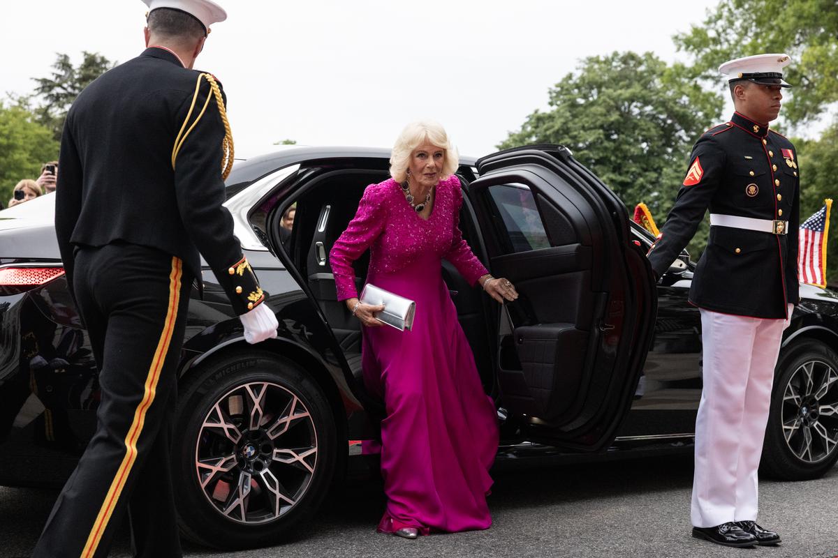 Queen Camilla of the United Kingdom arrives with King Charles III for a state dinner hosted by President Donald Trump and first lady Melania Trump at the White House in Washington, on Tuesday, April 28, 2026. (Anna Rose Layden/The New York Times)