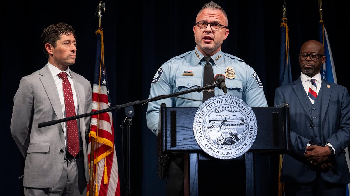 Minneapolis Police Chief Brian O'Hara, middle, speaks with Mayor Jacob Frey, left, and Minneapolis Community Safety Commissioner Todd Barnette, right, at a May 7, 2026, news conference announcing O'Hara's renomination. O'Hara has since resigned. (Leila Navidi/The Minnesota Star Tribune/TNS)