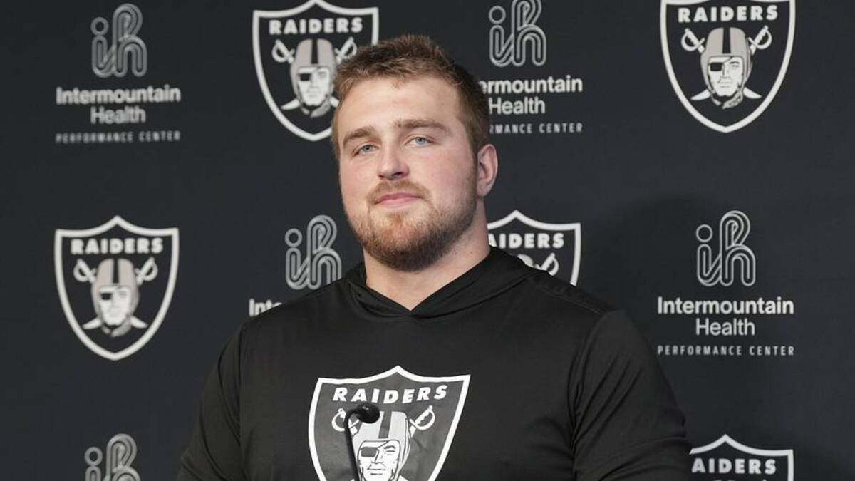  May 2, 2026; Henderson, NV, USA; Las Vegas Raiders guard Trey Zuhn II (66) speaks during a news conference at the team's Rookie Minicamp at Intermountain Health Performance Center. Mandatory Credit: Candice Ward-Imagn Images | Candice Ward-Imagn Images 