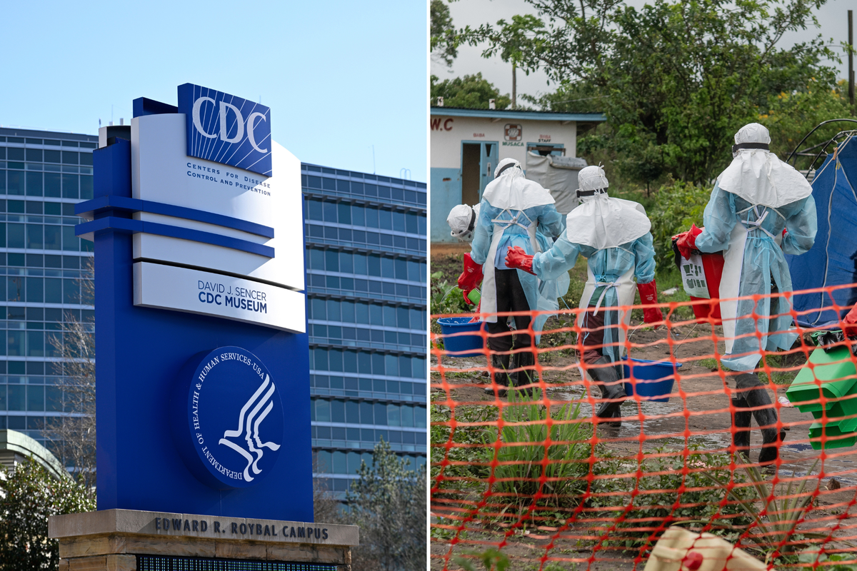  The Centers for Disease Control and Prevention headquarters in 2025 in Atlanta and medical staff work at an Ebola treatment center in Rwampara, Congo, on May 21. 