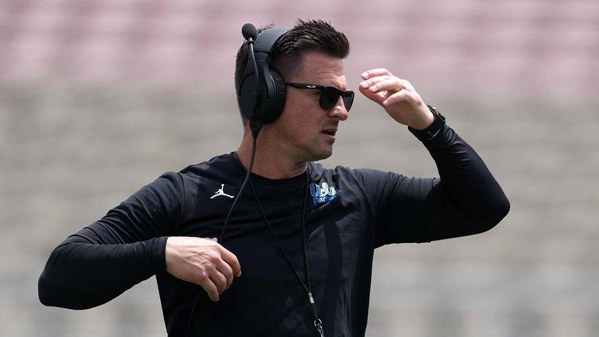  May 2, 2026; Pasadena, CA, USA; UCLA Bruins coach Bob Chesney reacts during the spring game at Rose Bowl. Mandatory Credit: Kirby Lee-Imagn Images | Kirby Lee-Imagn Images 