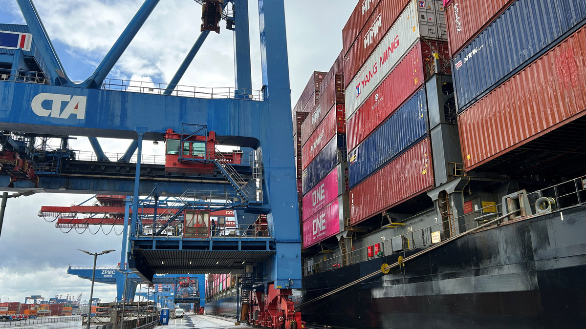 A general view shows the container port of Hamburger Hafen Logistics AG HHLA during a media tour in Hamburg, Germany, July 29, 2025.   REUTERS/Christian Kraemer