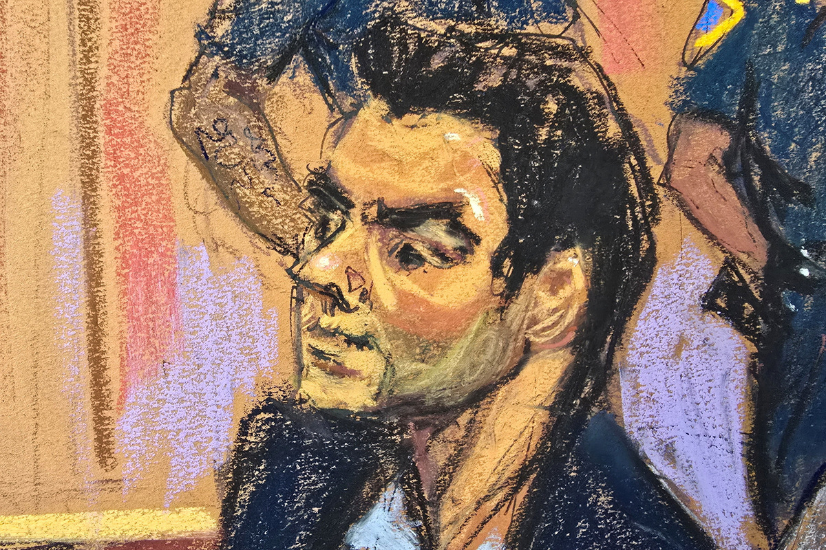 Luigi Mangione, who was arrested in December 2024 and charged with fatally shooting UnitedHealthcare CEO Brian Thompson on a sidewalk in Midtown Manhattan, sits before Justice Gregory Carro at an evidence suppression hearing at the Manhattan Supreme Court in New York City, U.S., May 18, 2026 in a courtroom sketch. REUTERS/Jane Rosenberg