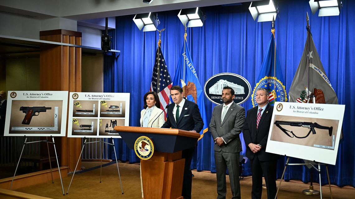 From left, U.S. Attorney for the District of Columbia Jeanine Pirro, U.S. Acting Attorney General Todd Blanche, FBI Director Kash Patel and Darren Cox, acting assistant director for the FBI’s Criminal Investigative Division, hold a news conference at Department of Justice headquarters in Washington on Monday about the case against Cole Tomas Allen, the suspect in the shooting at the White House Correspondents Dinner.