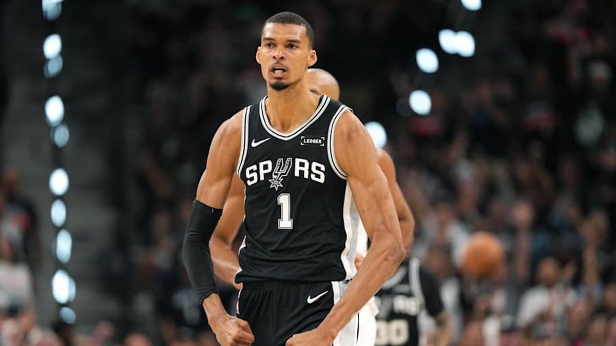  May 12, 2026; San Antonio, Texas, USA; San Antonio Spurs forward Victor Wembanyama (1) reacts after scoring a three point basket during the first half of game five of the second round of the 2026 NBA Playoffs against the Minnesota Timberwolves at Frost Bank Center. | Scott Wachter-Imagn Images 