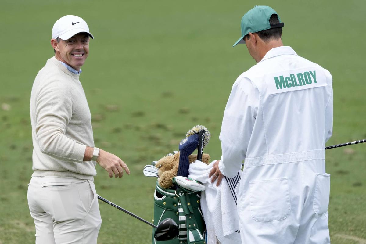  Rory McIlroy smiles at the driving range during practice for the Masters at Augusta National Golf Club on April 6, 2026. Kyle Terada-Imagn Images