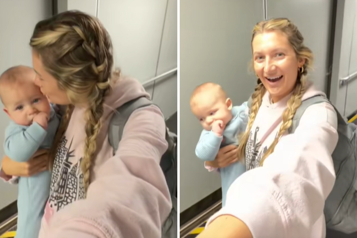  Kali Alexandria, 28, holding her young son, Beckett, stepping off a plane. 