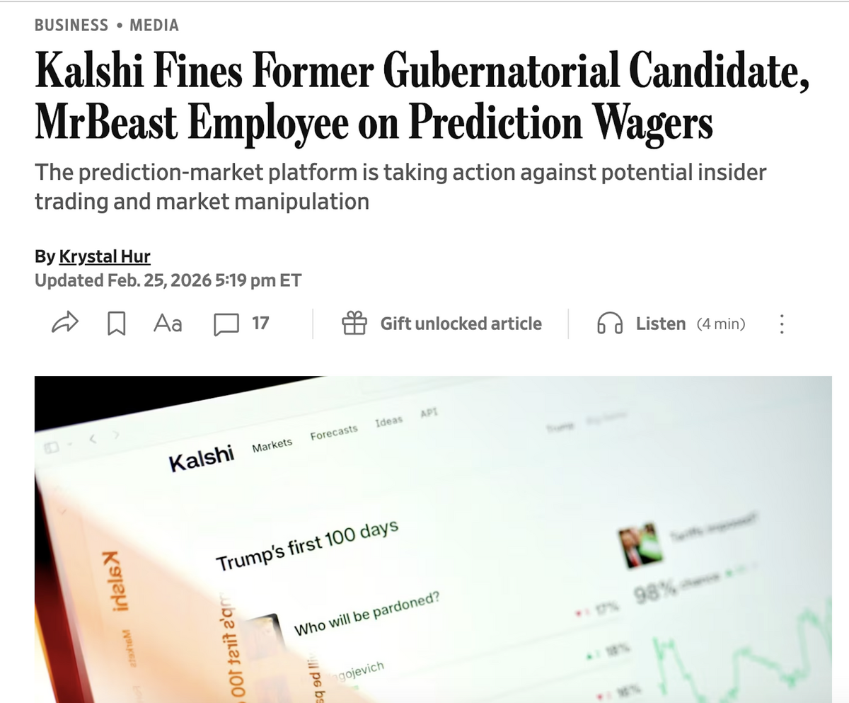  A screenshot from a Wall Street Journal article on two Kalshi attempts to punish insider trading, including by a politician betting on his own campaign. The Wall Street Journal 