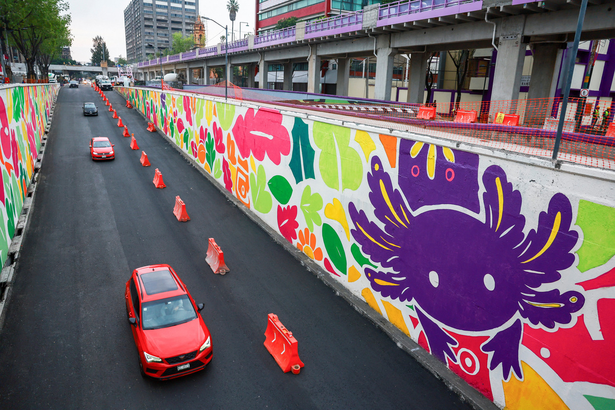 Vehicles pass through an underpass featuring an image of the critically endangered axolotl, a salamander native to central Mexico's lakes, as its use in public imagery ahead of the FIFA World Cup 2026 has divided residents who say more should be done to protect its habitat, in Mexico City, Mexico, May 19, 2026. REUTERS/Raquel Cunha