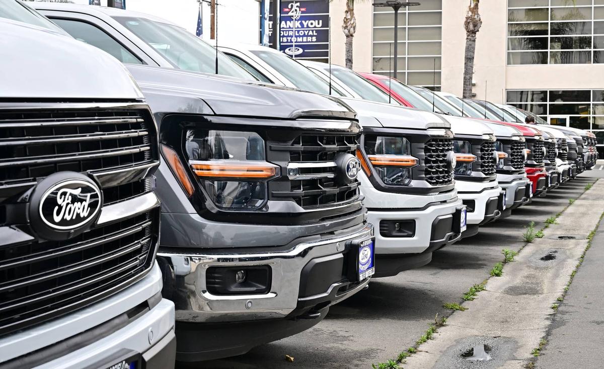  Ford trucks are seen at a car dealership in Montebello, California on May 5, 2025.