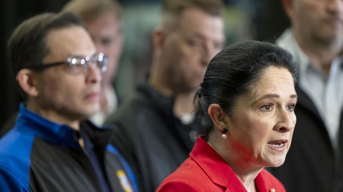 Illinois Comptroller Susana Mendoza speaks, April 27, 2026, at the Leighton Criminal Court Building after an appearance by Alphanso Talley, the man charged with the fatal shooting of Chicago police Officer John Bartholomew. (Brian Cassella/Chicago Tribune/TNS)