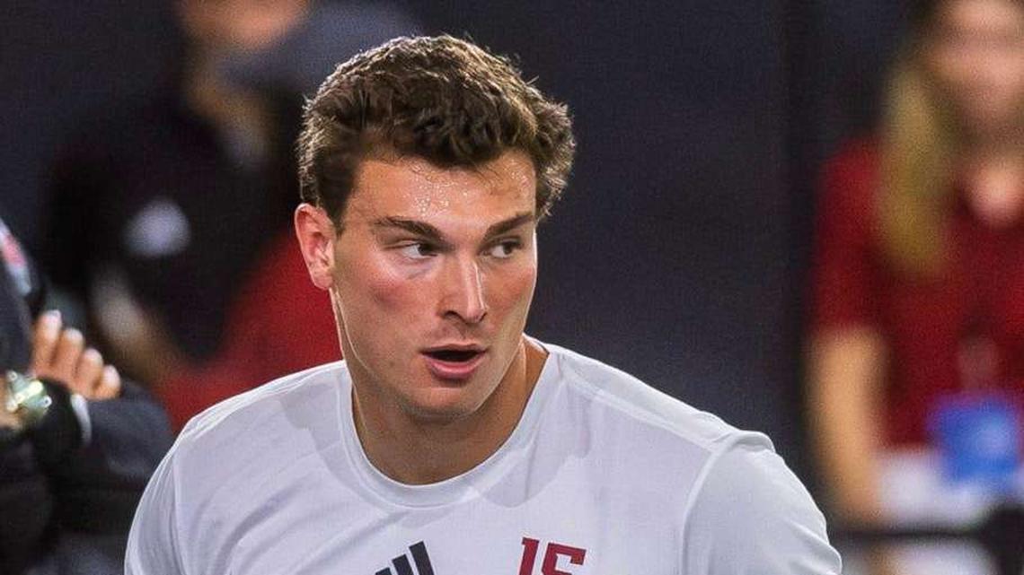  Fernando Mendoza participates in Indiana University's Pro Day at Mellencamp Pavilion on Wednesday, April 1, 2026. | Rich Janzaruk/Herald-Times / USA TODAY NETWORK via Imagn Images 