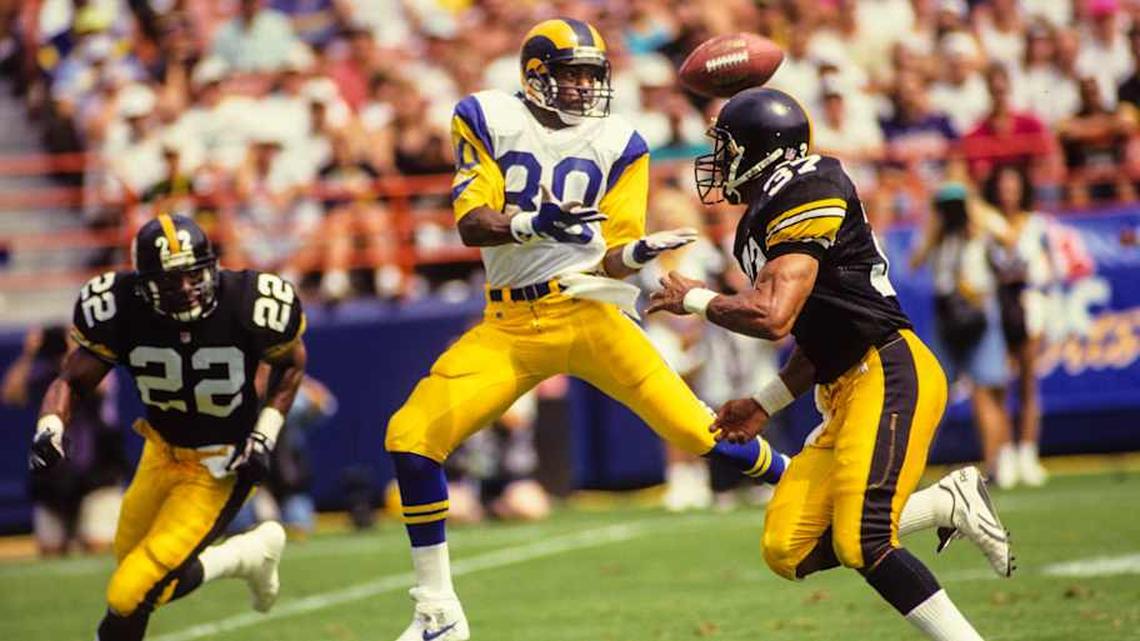  Sep 12, 1993; Anaheim, CA, USA: FILE PHOTO; Los Angeles Rams receiver Henry Ellard (80) in action against Pittsburgh Steelers defensive backs Carnell Lake (37) and Larry Griffin (22) at Anaheim Stadium. Mandatory Credit: Long Photography-USA TODAY NETWORK | Long Photography-Imagn Images 