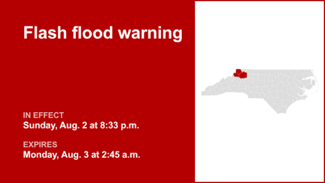 UPDATE: Western North Carolina placed under a flash flood warning until 2 a.m. Monday 