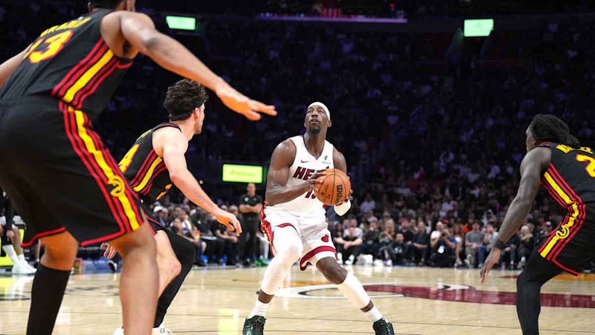  Apr 12, 2026; Miami, Florida, USA; Miami Heat center Bam Adebayo (13) shoots against the Atlanta Hawks during the second half at Kaseya Center. Mandatory Credit: Jim Rassol-Imagn Images | Jim Rassol-Imagn Images 