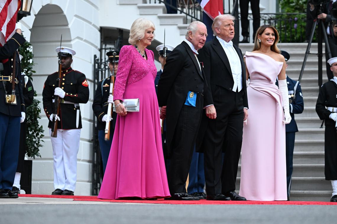 President Donald Trump and first lady Melania Trump, right, greet King Charles III and Queen Camilla of the United Kingdom as they arrive for a state dinner at the White House in Washington, on Tuesday, April 28, 2026. (Kenny Holston/The New York Times)