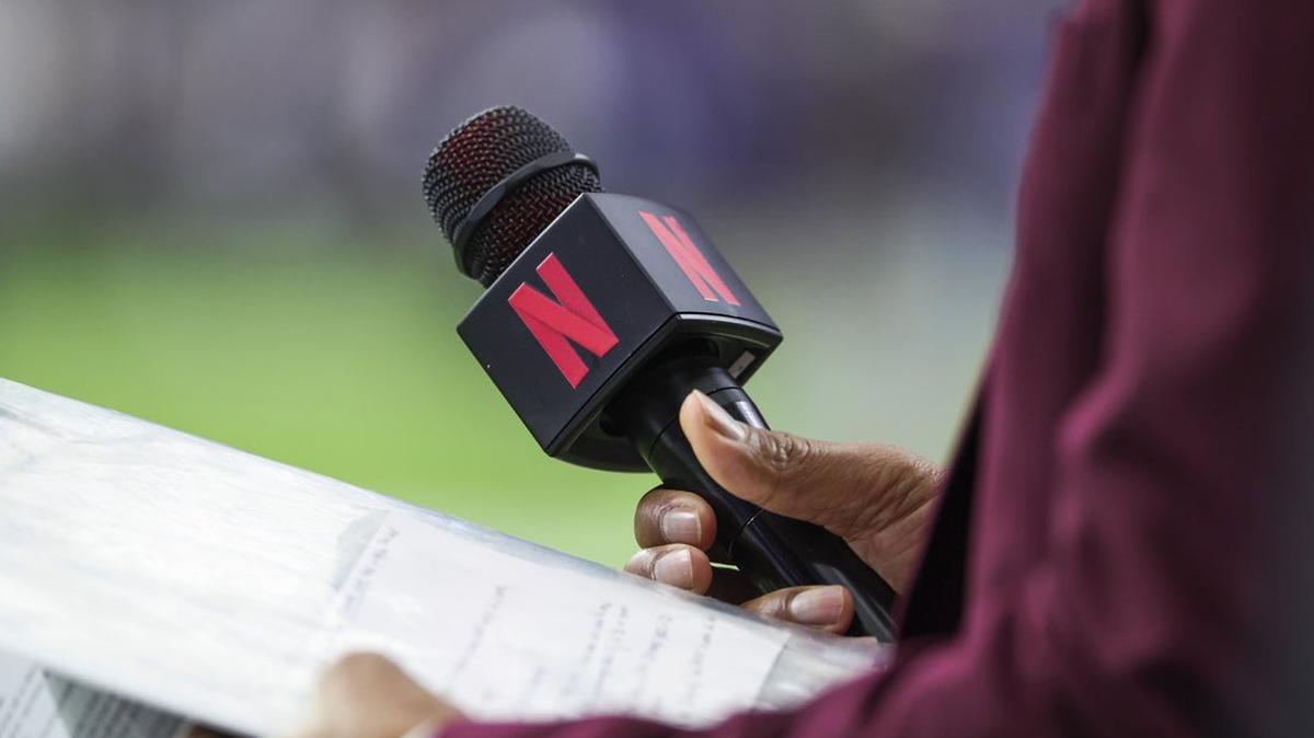 A general view of a Netflix microphone held by sideline reporter Steve Wyche before a game between the Texans and the Baltimore Ravens on Dec 15, 2024, in Houston.