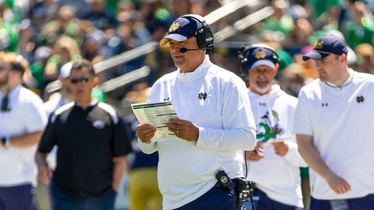  Apr 25, 2026; Notre Dame, IN, USA; Notre Dame offensive coordinator Mike Denbrock calls plays during the Blue-Gold game at Notre Dame Stadium. Mandatory Credit: Michael Caterina-Imagn Images | IMAGN IMAGES via Reuters Connect 