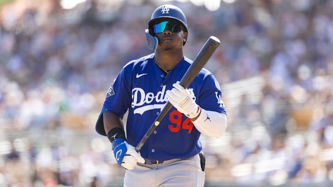  Mar 14, 2026; Phoenix, Arizona, USA; Los Angeles Dodgers outfielder Zyhir Hope against the Chicago White Sox during a spring training game at Camelback Ranch-Glendale. | Mark J. Rebilas-Imagn Images 