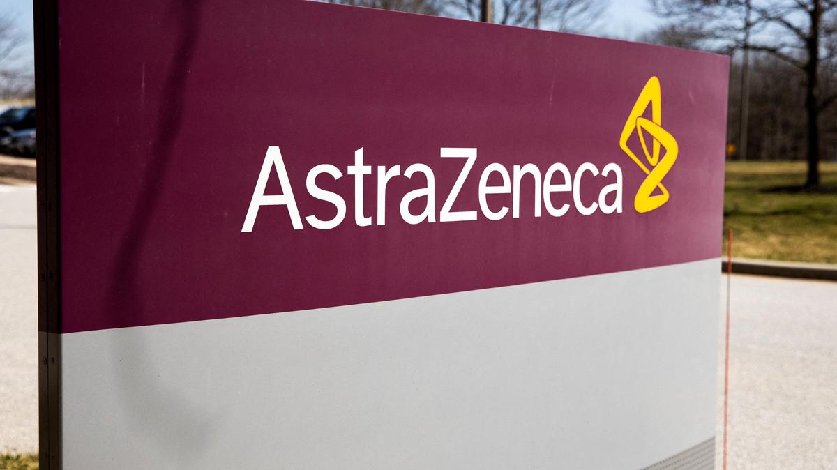 FILE PHOTO: The logo for AstraZeneca is seen outside its North America headquarters in Wilmington, Delaware, U.S., March 22, 2021.  REUTERS/Rachel Wisniewski/File Photo