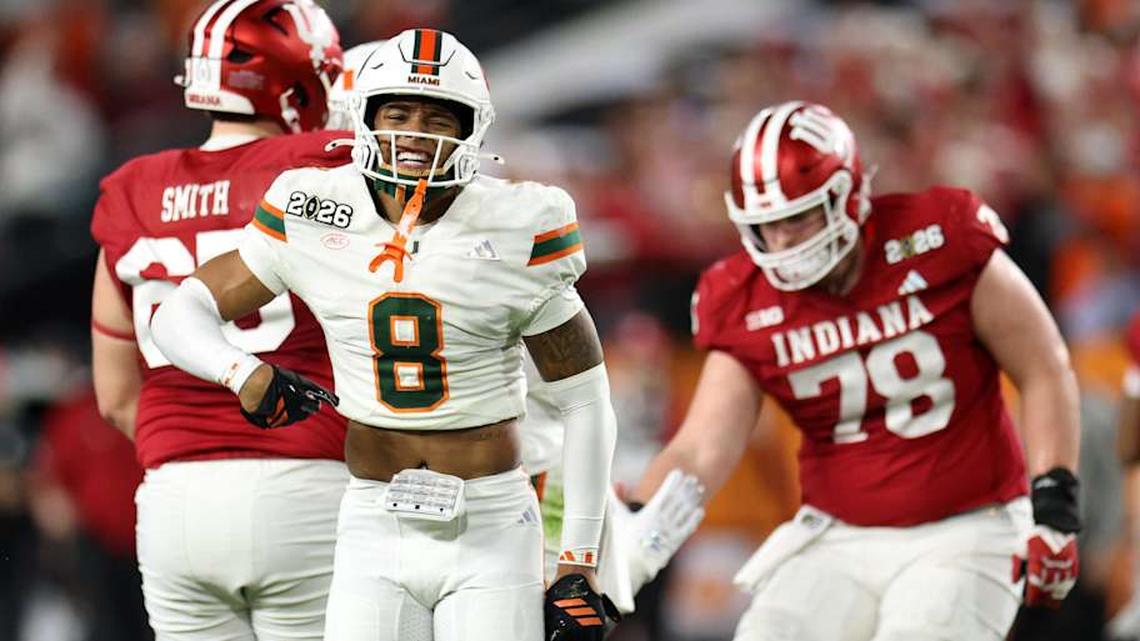  Jan 19, 2026; Miami Gardens, FL, USA; Miami Hurricanes defensive back Jakobe Thomas (8) reacts against the Indiana Hoosiers in the first half during the College Football Playoff National Championship game at Hard Rock Stadium. Mandatory Credit: Nathan Ray Seebeck-Imagn Images | Nathan Ray Seebeck-Imagn Images 