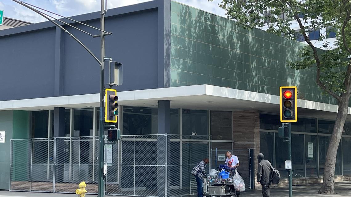 96 North Second Street, an office and commercial building in downtown San Jose whose entry area is fenced off, seen on April 9, 2026.

(George Avalos/Bay Area News Group)