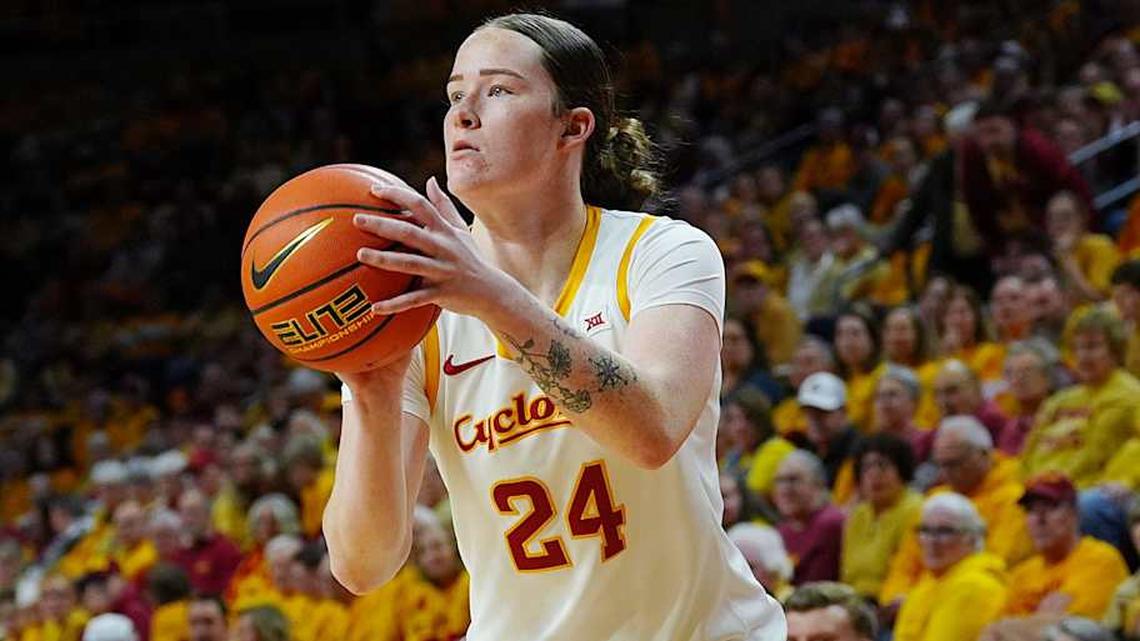  Iowa State Cyclones' forward Addy Brown (24) takes a three-point shot against Oklahoma State Cowgirls during the first quarter in the senior day women basketball at Hilton Coliseum on February. 25, 2026, in Ames, Iowa. | Nirmalendu Majumdar/Ames Tribune / USA TODAY NETWORK via Imagn Images 