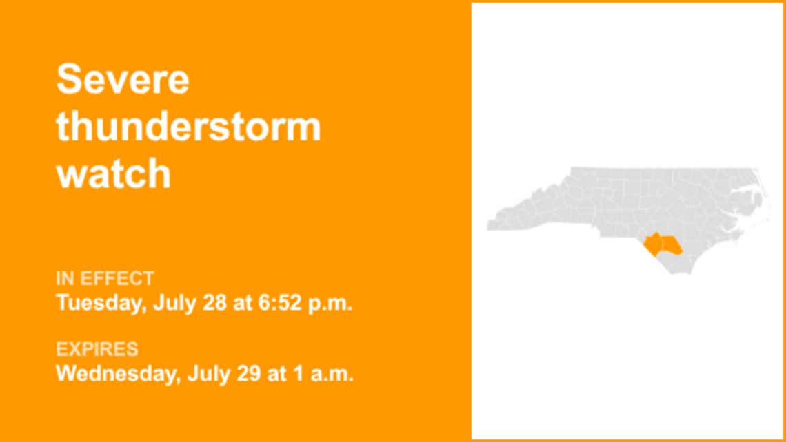 Severe thunderstorm watch for Bladen and Robeson counties until 1 a.m. Wednesday 