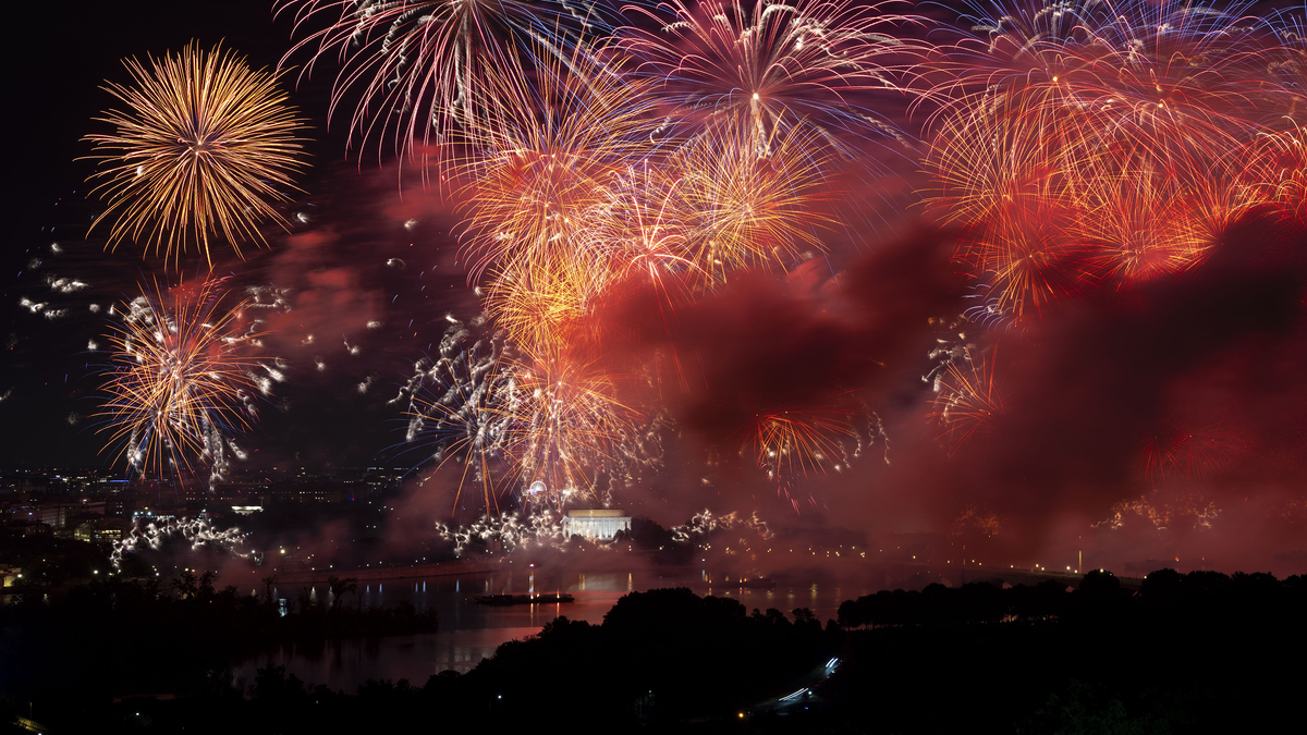 Fireworks illuminate the sky over the National Mall in Washington during Salute to America, an Independence Day event honoring the nation's 250th anniversary, as viewed from Arlington, Va., July 4, 2026. The fireworks spectacular in Washington that celebrated 250 years of American independence also blanketed the capital city with unhealthy air, according to a company that provides air testing services. (Doug Mills/The New York Times)