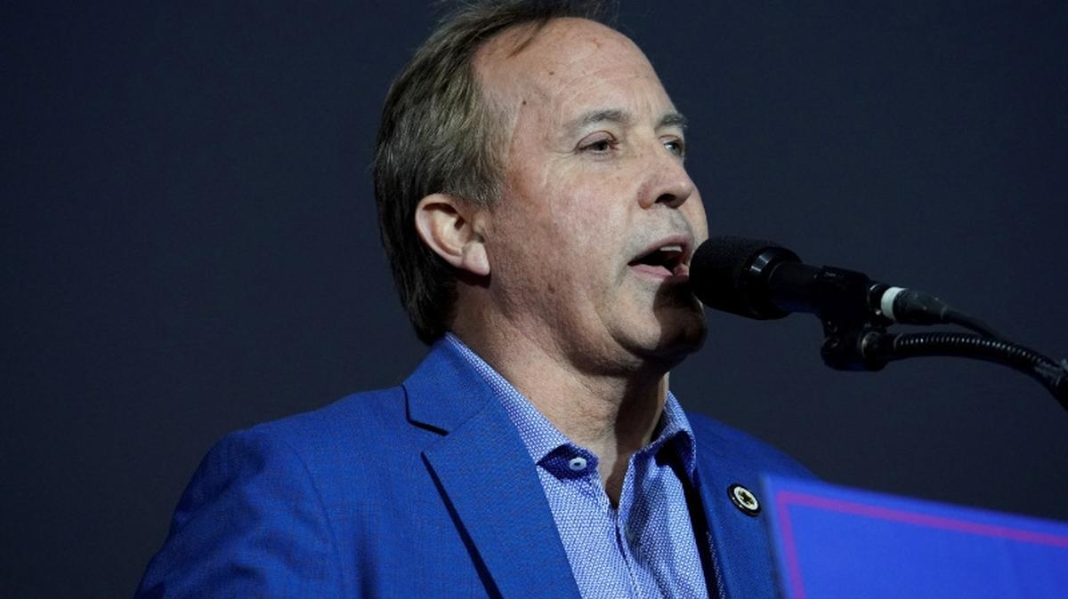 FILE PHOTO: Attorney General of Texas Ken Paxton speaks during former U.S. President Donald Trump's rally, in Conroe, Texas, U.S., January 29, 2022. REUTERS/Go Nakamura?/File Photo