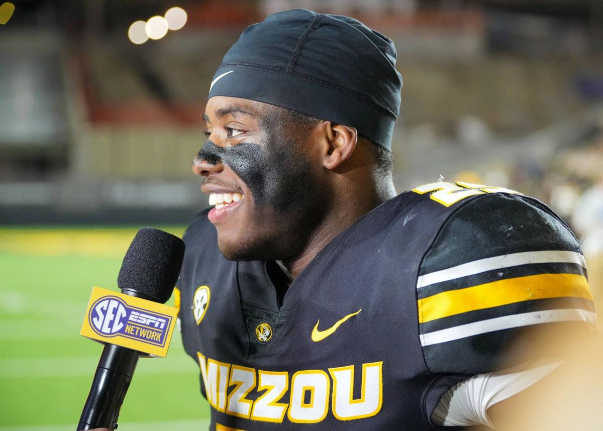  Missouri Tigers running back Ahmad Hardy speaks to media after the win over the Mississippi State Bulldogs Denny Medley-Imagn Images