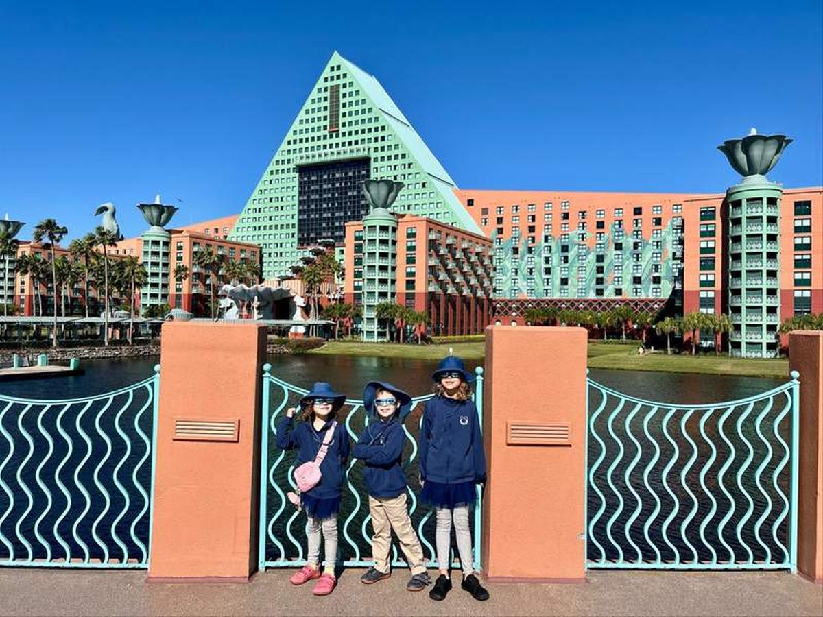  The author's children stand on the bridge outside the Dolphin hotel at the  Walt Disney World  Swan and Dolphin Resort. Photo credit: Linnea Bailey 