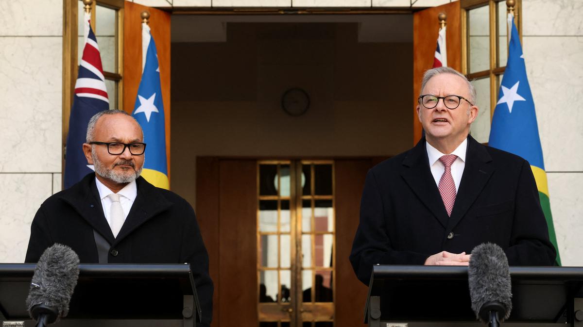 Australian Prime Minister Anthony Albanese and Solomon Islands Prime Minister Matthew Wale attend a joint press conference at Parliament House in Canberra, Australia, June 3, 2026. REUTERS/Hollie Adams