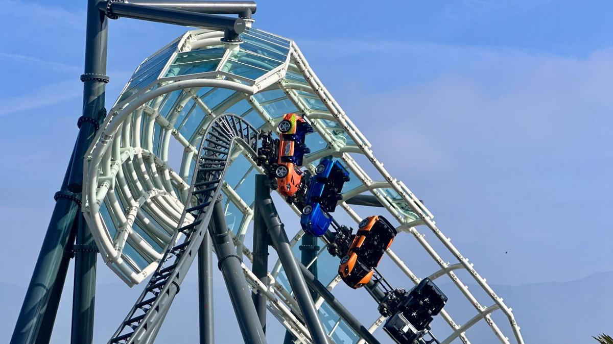 The Fast & Furious: Hollywood Drift roller coaster during a test run at Universal Studios Hollywood. (Photo by Brady MacDonald, Orange County Register/SCNG)