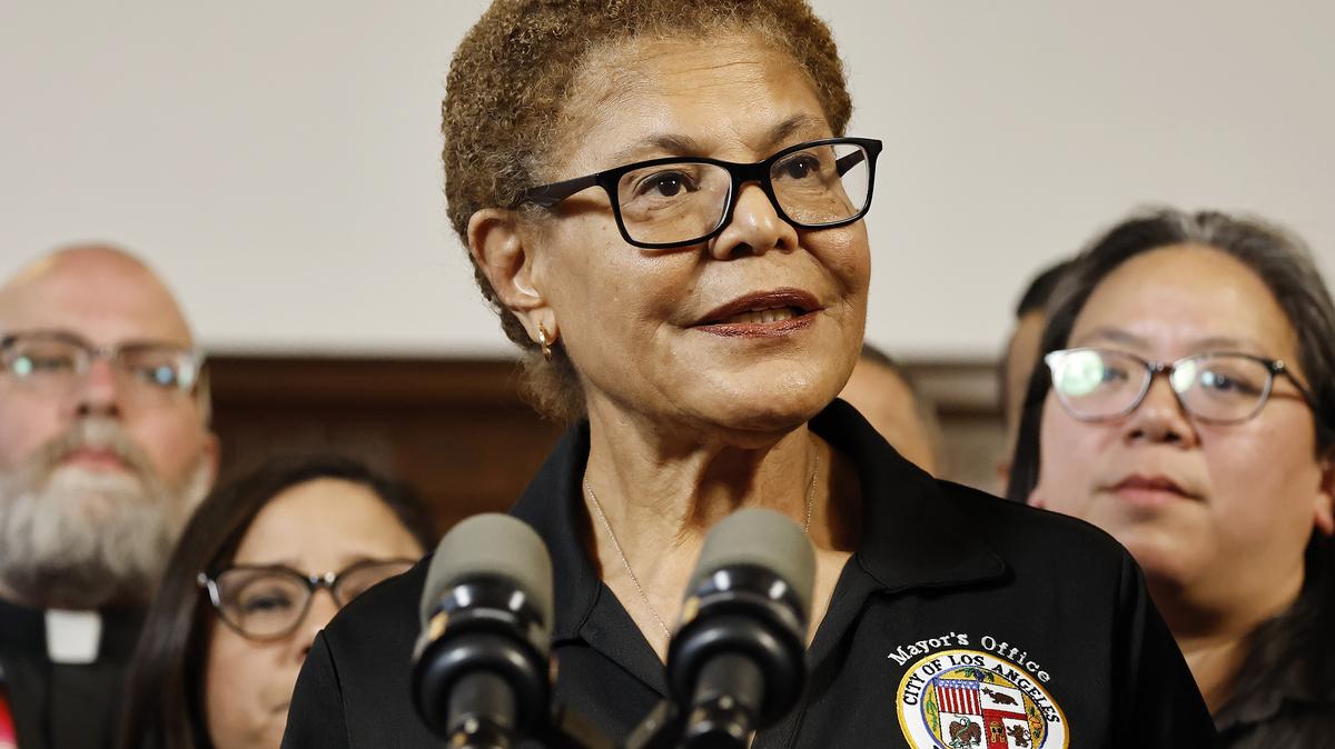 Karen Bass Los Angeles Mayor polls. Los Angeles Mayor Karen Bass speaks to reporters on June 12, 2025 in Los Angeles, California.