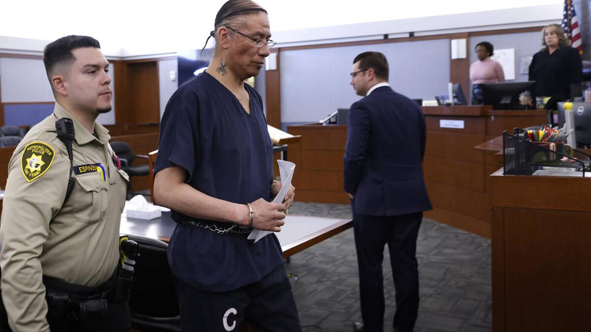 Nathan Chasing Horse, who was found guilty of sexual assault in January, is led out of a courtroom after his sentencing as Chief Deputy District Attorney William Rowles, second left, and District Judge Jessica Peterson, right, look on at the Regional Justice Center on Monday, April 27, 2026, in Las Vegas. (Bizuayehu Tesfaye/Las Vegas Review-Journal/TNS)