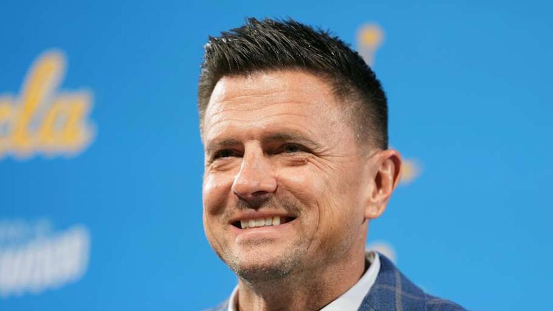  Dec 9, 2025; Los Angeles, CA, USA; Bob Chesney is introduced as UCLA Bruins football coach at press conference at Renee Luskin Conference Center Centennial Ballroom. Mandatory Credit: Kirby Lee-Imagn Images | Kirby Lee-Imagn Images 