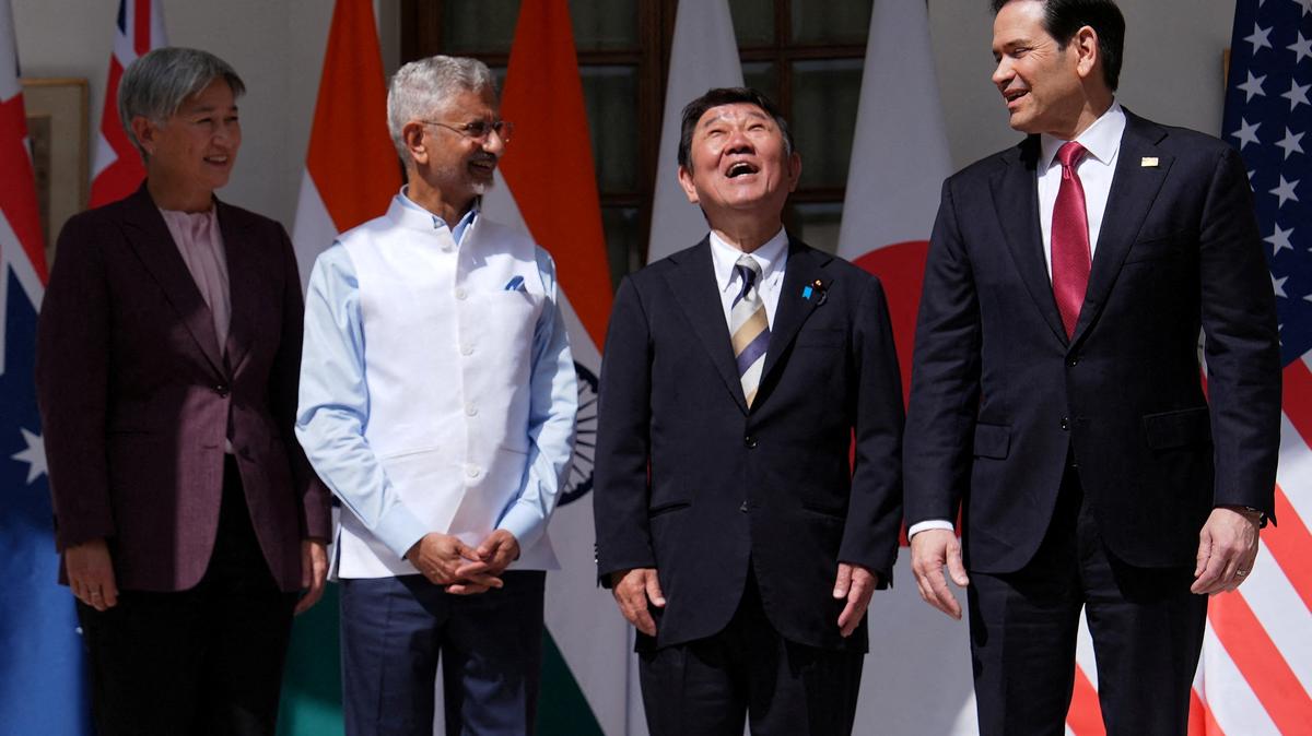 From left, Australian Foreign Minister Penny Wong, India’s Minister of External Affairs S. Jaishankar, Japanese Foreign Minister Toshimitsu Motegi and U.S. Secretary of State Marco Rubio pose on the day of a Quad ministerial meeting at Hyderabad House in New Delhi, India, Tuesday, May 26, 2026.  Julia Demaree Nikhinson/Pool via REUTERS