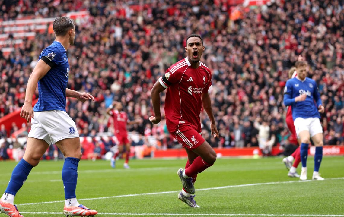  (THE SUN OUT, THE SUN ON SUNDAY OUT) Ryan Gravenberch of Liverpool celebrates scoring his team's first goal during the Premier League match between Liverpool and Everton at Anfield on September 20, 2025 in Liverpool, England. (Photo by Liverpool FC/Liverpool FC via Getty Images) Photo by Liverpool FC/Liverpool FC via Getty Images