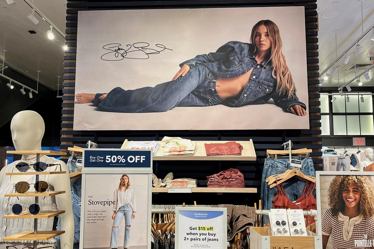 Sydney Sweeney appears in a "good jeans" campaign poster at retailer American Eagle's store in Times Square in New York City, U.S. August 18, 2025.  REUTERS/Sami Marshak