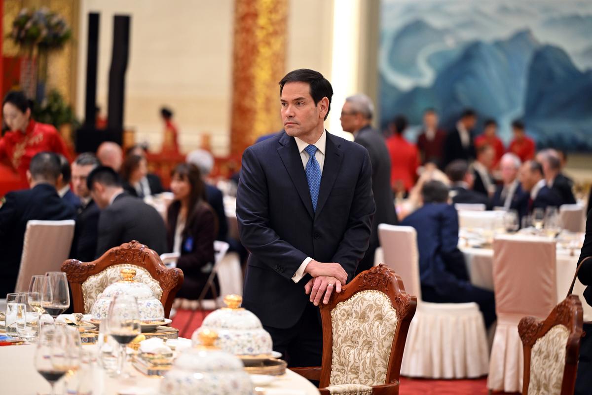 Secretary of State Marco Rubio during a state banquet for President Donald Trump in Beijing on Thursday, May 14, 2026. There has been rampant speculation online about whether the Chinese government changed the transliteration of Rubio's name to overlook sanctions. But that theory is wrong. (Kenny Holston/The New York Times)