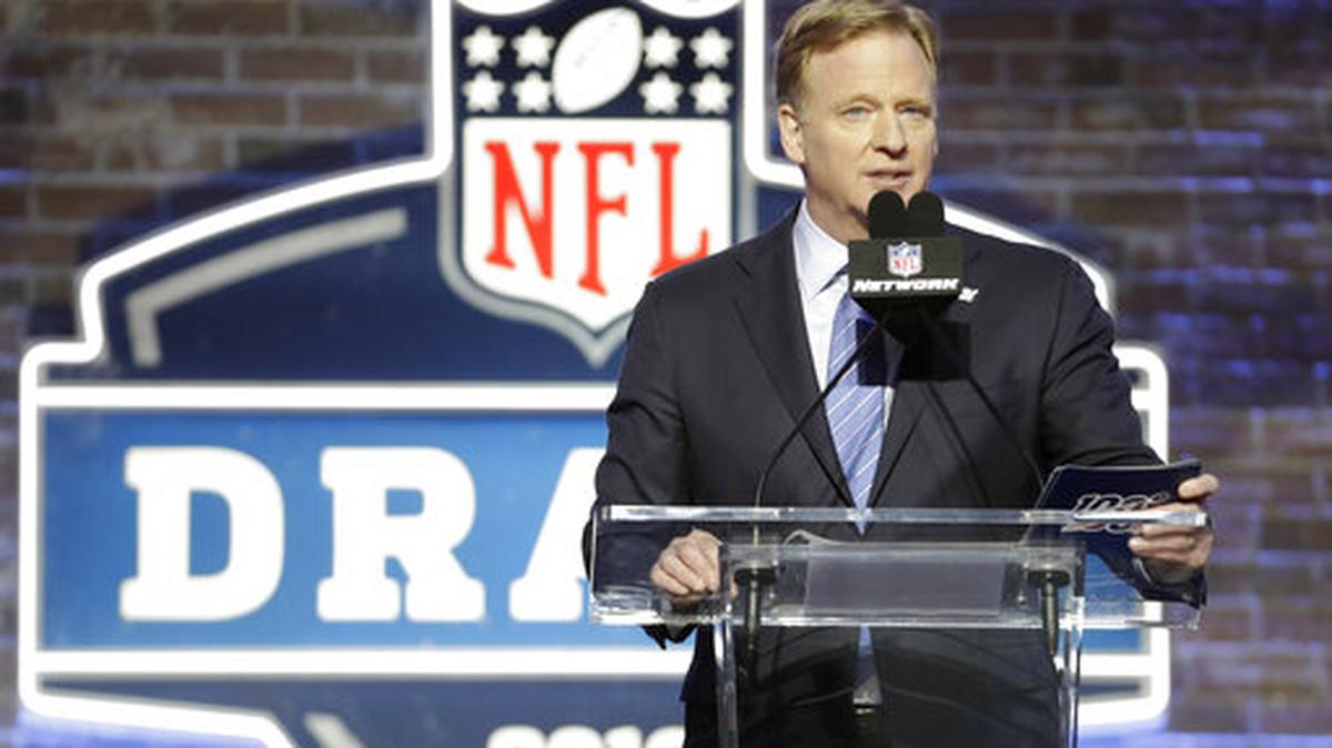 In this April 25, 2019, file photo, NFL Commissioner Roger Goodell speaks ahead of the first round at the NFL football draft in Nashville, Tenn. In a memo sent to the 32 teams Monday, April 6, 2020, and obtained by The Associated Press, NFL Commissioner Roger Goodell outlined procedures for the April 23-25 draft. The guidelines include no group gatherings.
