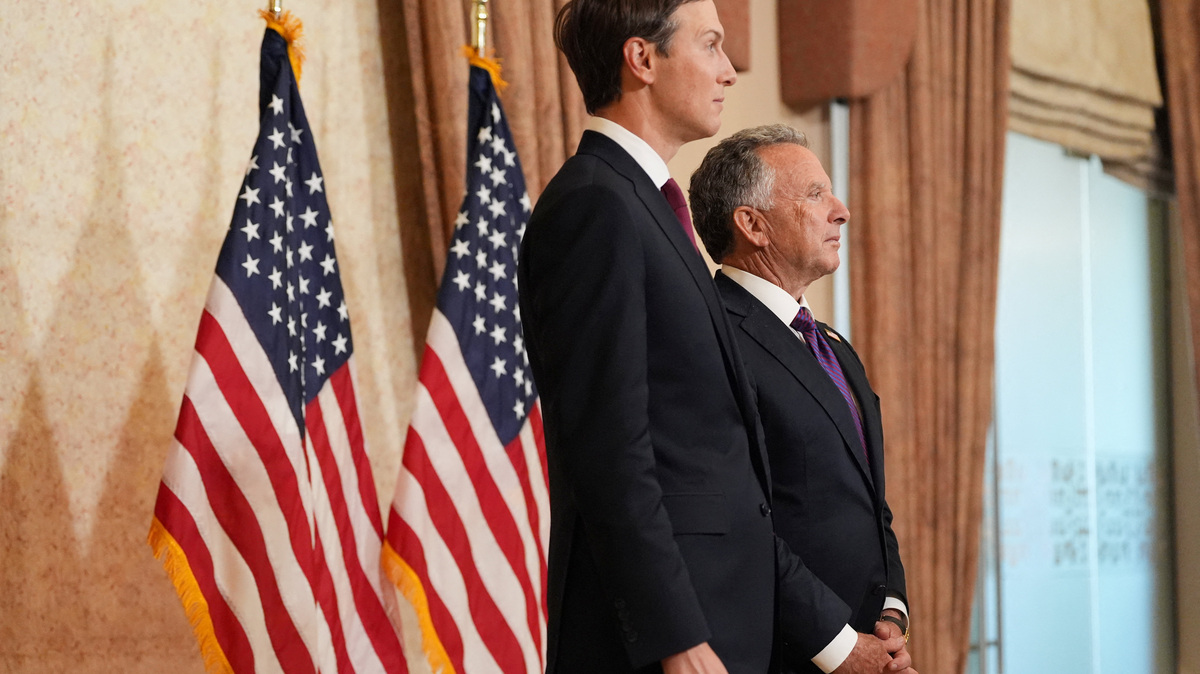 Jared Kushner and Steve Witkoff, Special Envoy for Peace Missions listen as Vice President JD Vance (not pictured) speaks during a news conference after meeting with representatives from Pakistan and Iran, Sunday, April 12, 2026, in Islamabad, Pakistan. Jacquelyn Martin/Pool via REUTERS