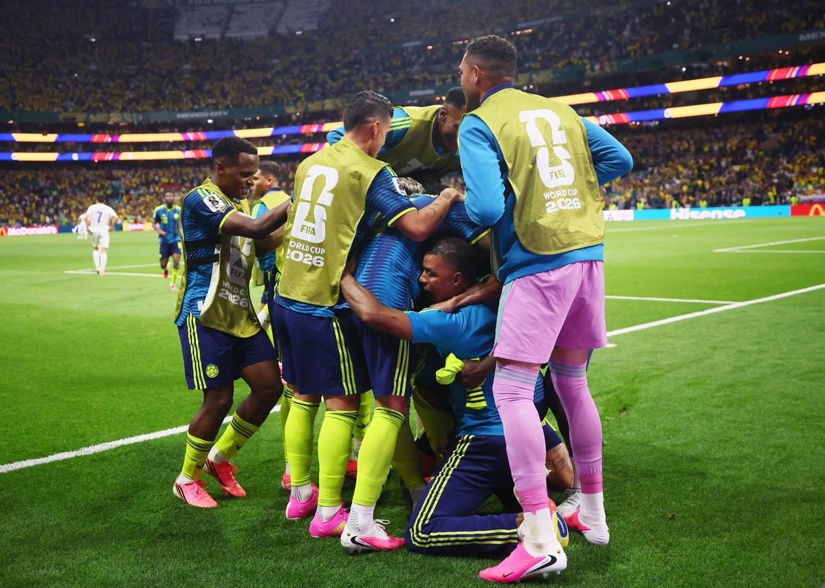  June 17, 2026; Mexico City, Mexico; Colombia's Jaminton Campaz celebrates scoring their third goal with teammates. Mandatory Credit: Eloisa Sanchez-Reuters via Imagn Images 